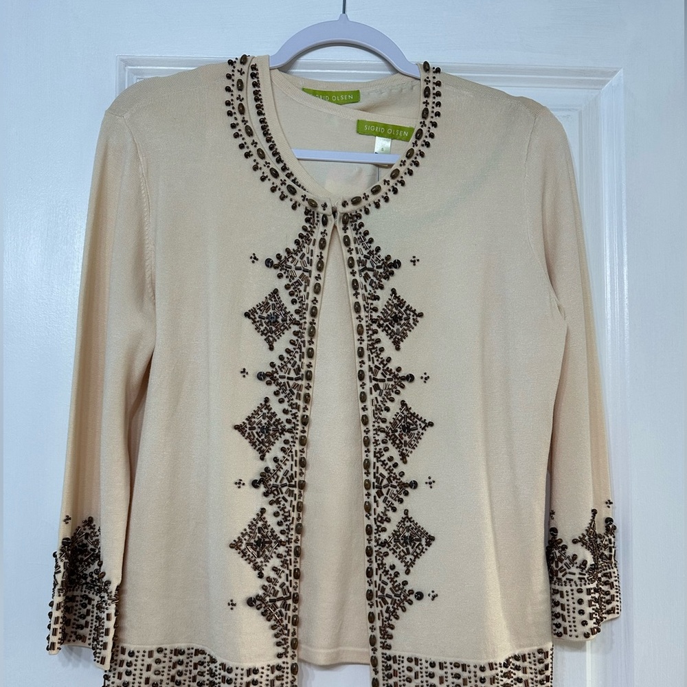 Sigrid Olsen NWT Silk Blend Cardigan with Dark Brown Bead Embellishment